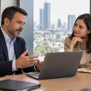 Ejecutivo trabajando con una coach de inglés en la preparación de una situación profesional.