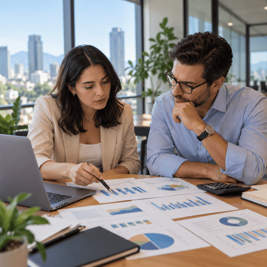 Responsables de RRHH y finanzas revisando indicadores de desempeño y resultados de un programa de capacitación.